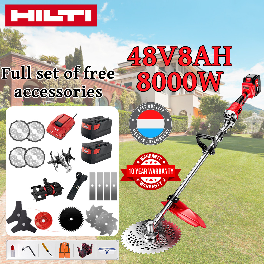 [Deluxe Model] Lawn Mower (8000w48V8AH) + Cultivator Head * 1 + Adjustment Wheel * 1 + Alloy Saw Blade * 4 + Alloy Saw Blade * 4 + Alloy Cutter Head * 1 + Triple Blade * 2 + Anti-Block Blade * 1 + Steel Knife * 2 + Charger +battery*2+handle*1+other accessories+10 year warranty