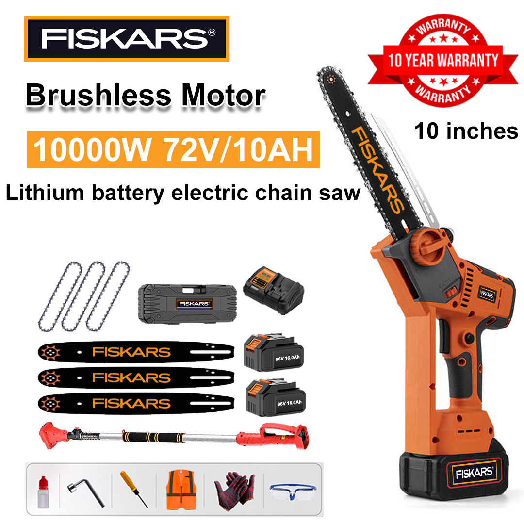 10 Inch Brushless Lithium Electric Saw, Power 10000W, 72V 10Ah Battery*2, Charger, Guide Plate*3, Chain*3, Tool Box, Lubricant and Goggles, Ten Years Warranty(Equipped with Telescopic Pole )