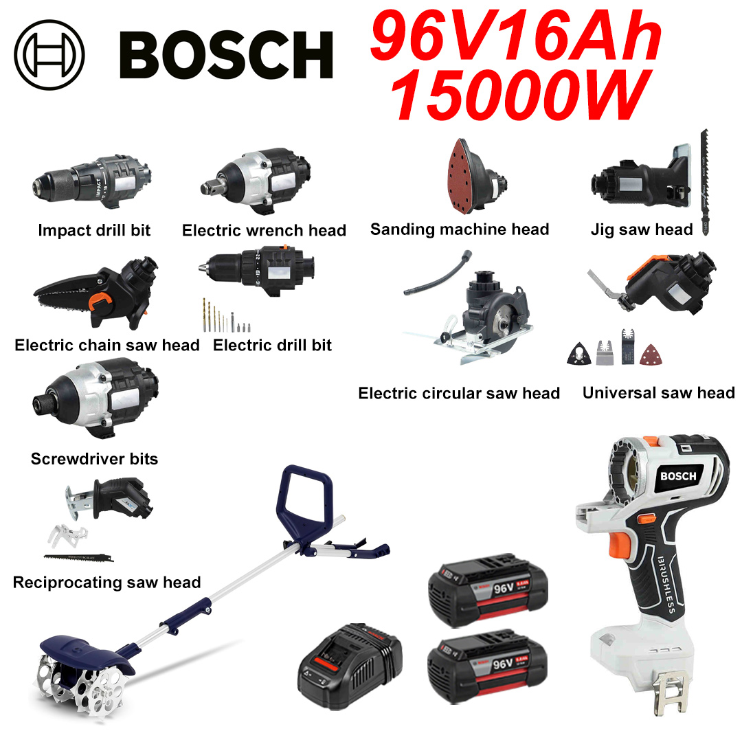 Brushless motor*1+tillage machine*1+electric drill*1+wrench head*1+electric impact drill*1+electric chain saw head*1+screwdriver head*1+sanding machine head*1+curve saw head*1+circular saw head*1+multipurpose head*1+reciprocating saw head*1+batteries*2+charger*1