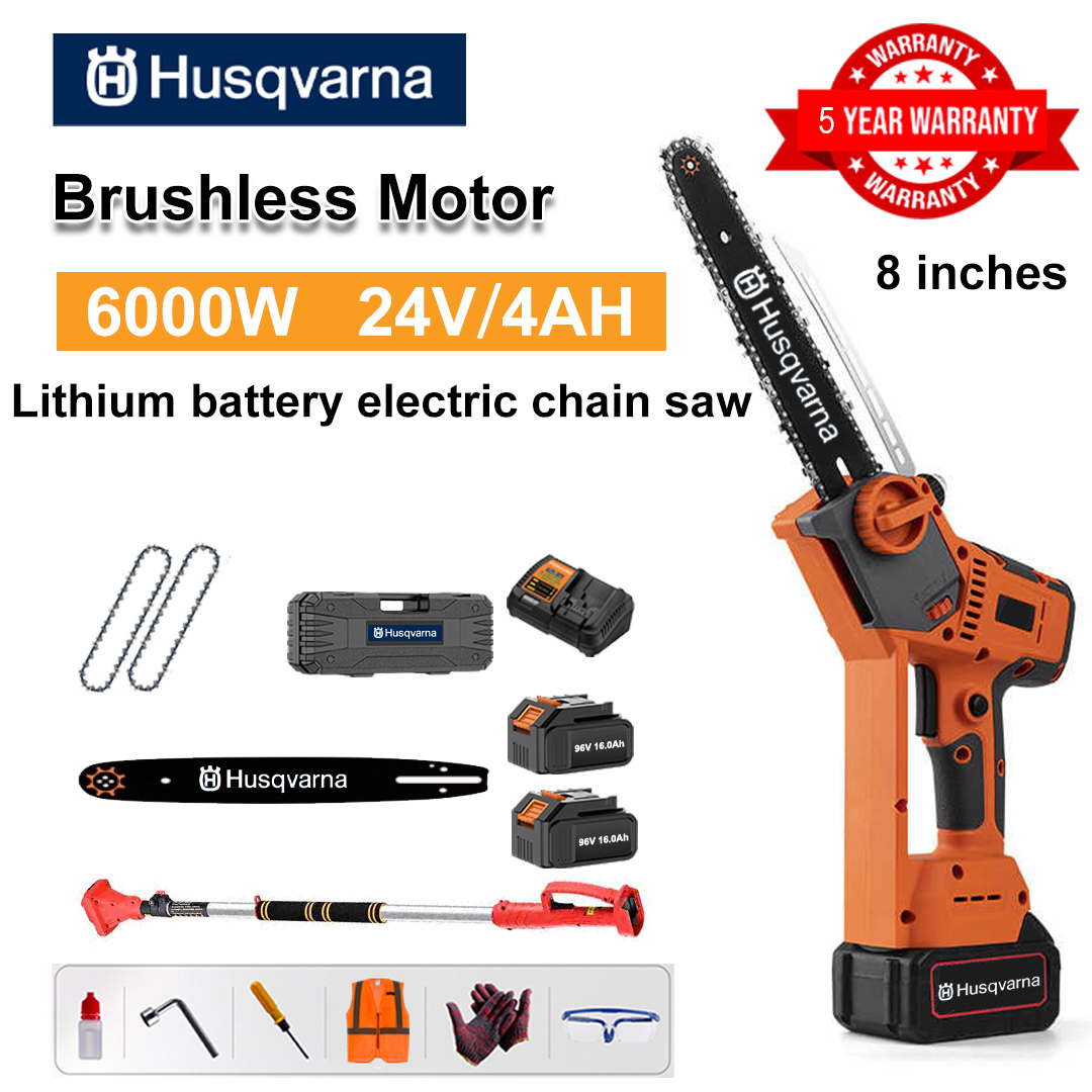 8 Inch Brushless Lithium Electric Saw, Power 6000W, 24V 4.0Ah Battery*2, Charger, Guide Plate*1, Chain*2, Tool Box, Lubricant and Goggles, Five Years Warranty(Equipped with Telescopic Pole )