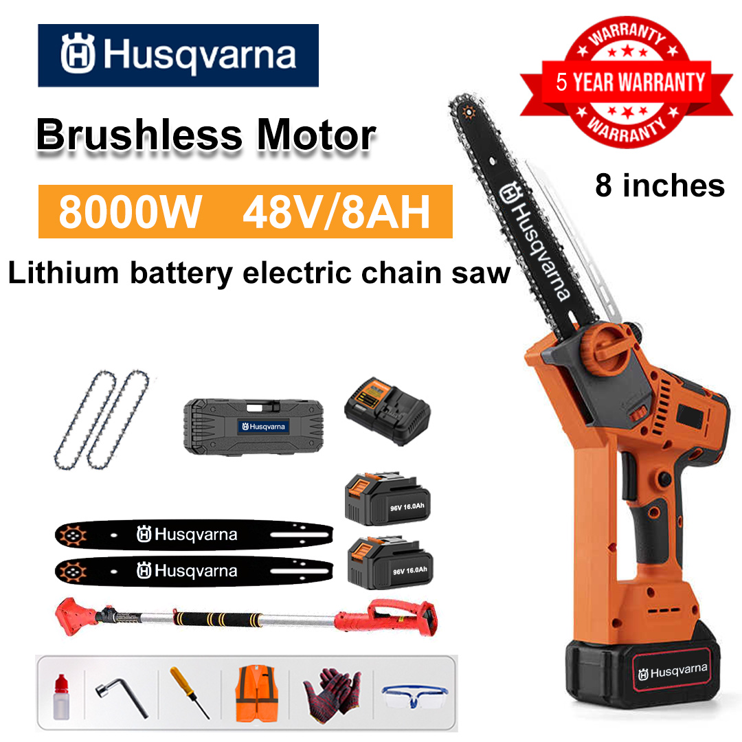 8 Inch Brushless Lithium Electric Saw, 8000W Power, 48V 8.0Ah Battery*2, Charger, Guide Plate*2, Chain*2, Tool Box, Lubricant & Goggles, Warranty five years(Equipped with Telescopic Pole )