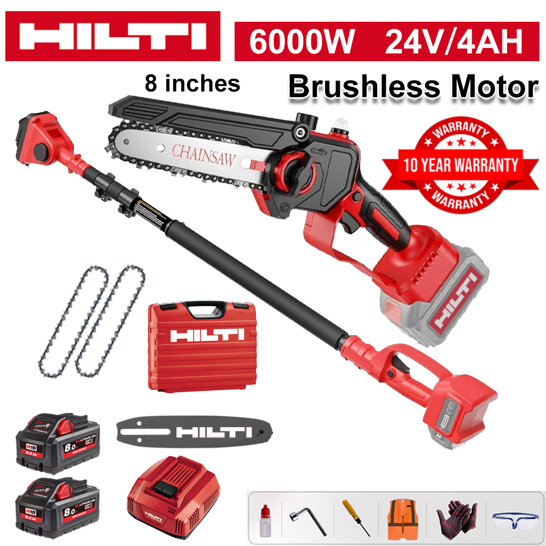 8 Inch Brushless Lithium Electric Saw, Power 6000W, 24V 4.0Ah Battery*2, Charger, Guide Plate*1, Chain*2, Tool Box, Lubricant and Goggles, Five Years Warranty(Equipped with Telescopic Pole )