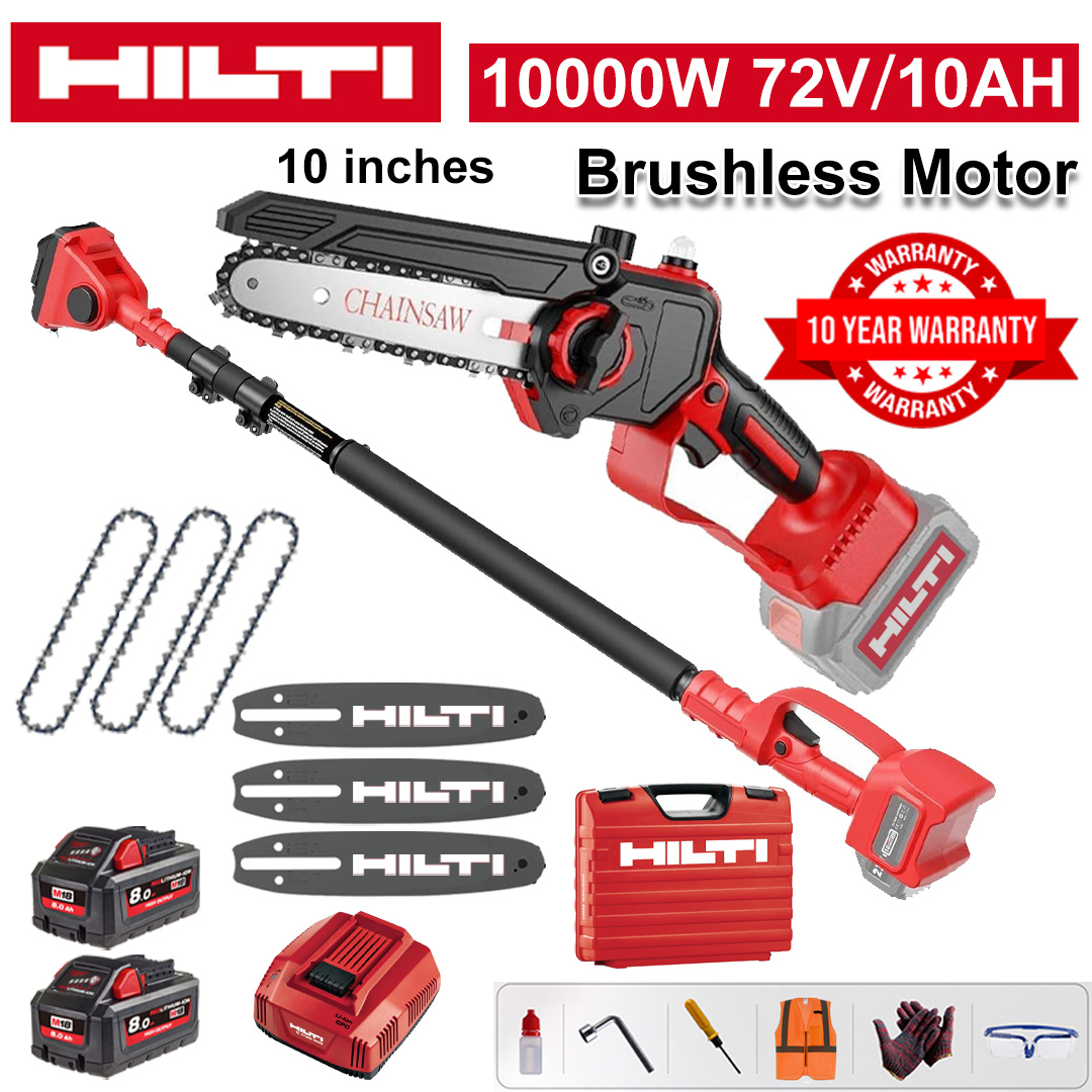 10 Inch Brushless Lithium Electric Saw, Power 10000W, 72V 10Ah Battery*2, Charger, Guide Plate*3, Chain*3, Tool Box, Lubricant and Goggles, Ten Years Warranty(Equipped with Telescopic Pole )