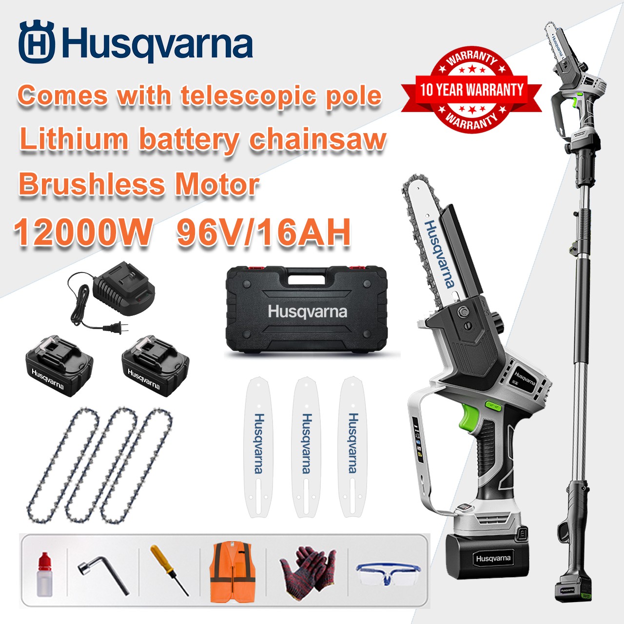 [Extended Model/10-Year Warranty] 10-inch 12,000W Lithium Electric Chain Saw, 96V Battery*2, Charger, Guide Blade*3, Chain*3, Tool Box, Lubricant and Protective Glasses, All High-Efficiency Stone Powerful Motors (With Extension Pole)